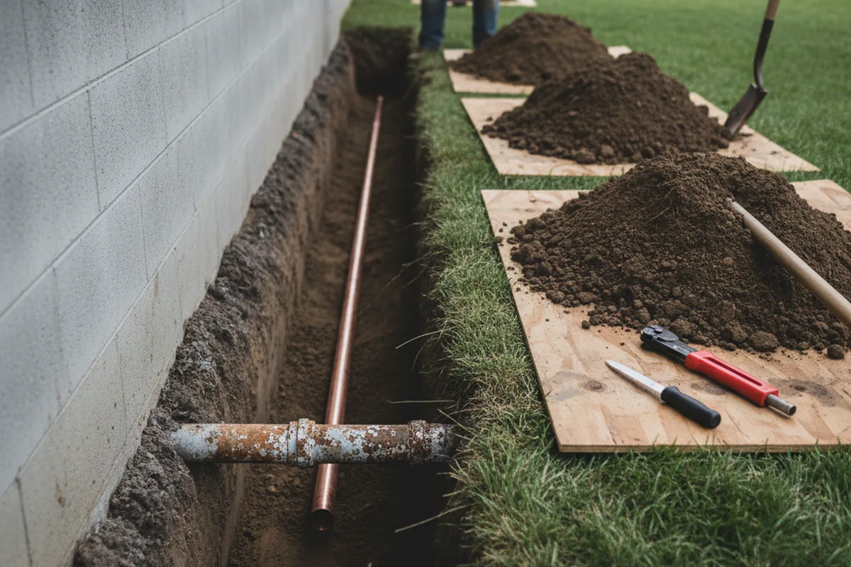 Excavated water line trench during Water Softener Installation in Cape Neddick